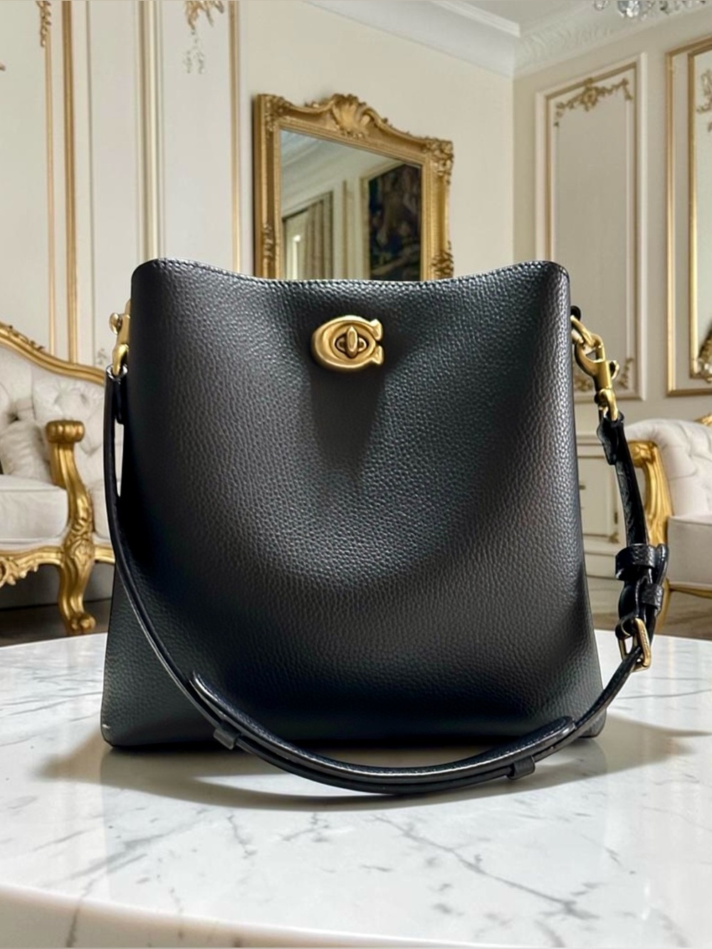 New! COACH Willow Bucket Bag in Black Polished Pebble Leather NWT